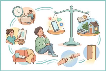 スマホと現実生活のバランスを考える男性。時間、趣味、健康、人間関係、家庭を重視するイラスト。