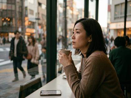 カフェの窓から街を眺め、コーヒーを飲む女性。