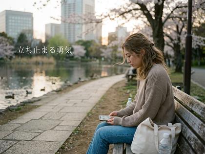 「立ち止まる勇気」の文字。公園のベンチでスマホを見る女性、奥に桜と池。