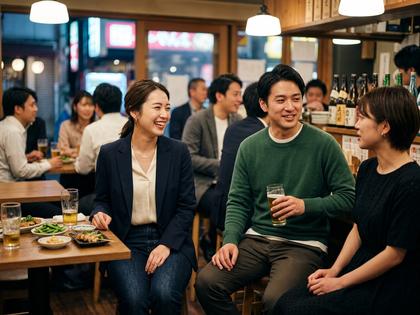 飲食店で笑顔で会話を楽しむ男女グループ