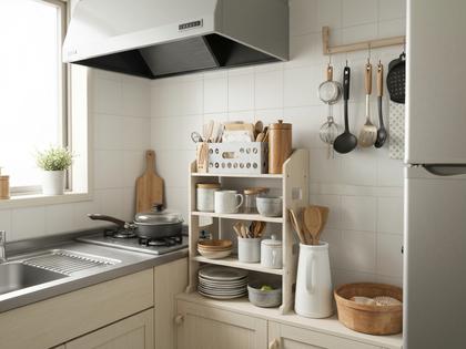 整理整頓されたシンプルなキッチン、調理器具がきれいに収納されている