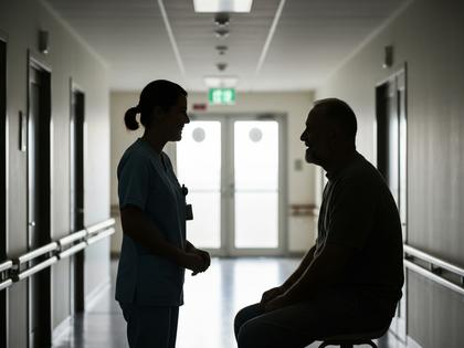 病院の廊下で笑顔で会話する女性看護師と男性患者のシルエット、温かい雰囲気