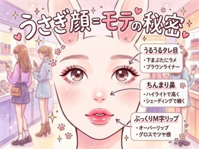 「うさぎ顔・モテの秘密」をテーマに、目元・鼻・唇のメイク法を図解したイラスト。