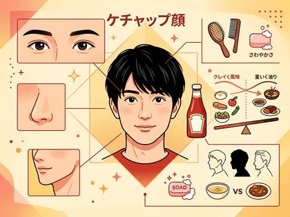 「ケチャップ顔」の男性イラスト。顔パーツ、食生活、身だしなみの関連図。