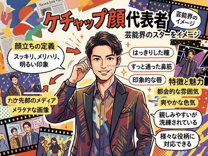 ケチャップ顔代表者の男性イラスト。芸能界のスターのような顔立ちを特徴と共に解説。