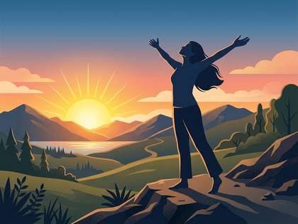 夕焼けの山並みを背景に、両腕を広げた女性のシルエット。自然と一体となる解放感。