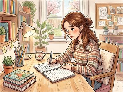机でノートに書き込みをする女性。読書や勉強の風景。