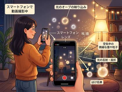 スマホ動画で光のオーブ（ぼけ）現象が写り込む仕組みを解説するイラスト。
