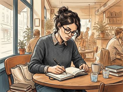 窓際のカフェで、ノートに書き込む眼鏡の女性。