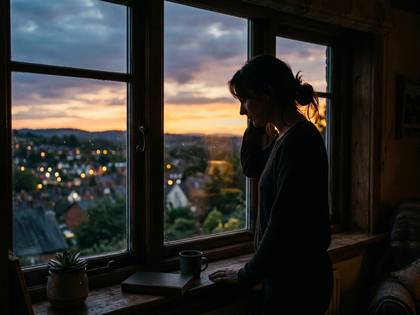 夕焼けの窓辺で物思いにふける女性のシルエット。街の灯りが美しい。