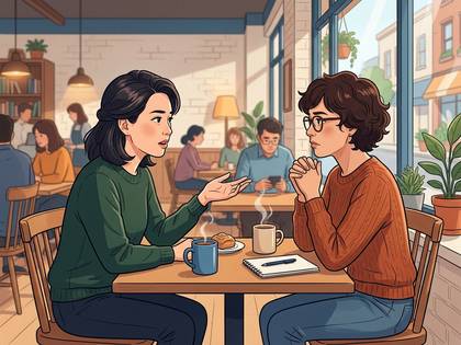 カフェで向かい合って座り、会話している2人の女性。