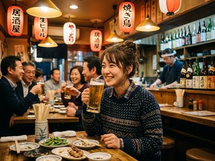 居酒屋でグラスを片手に楽しそうに笑う若い女性の写真
