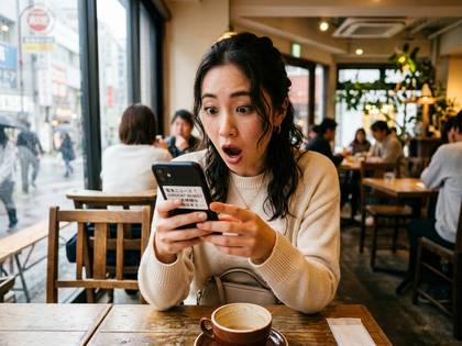 驚いた表情でスマートフォンを見ている若い女性。カフェの窓際。