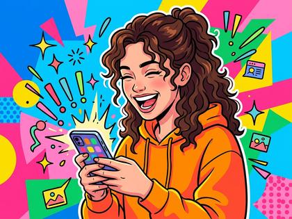 スマホを見ながら笑っている20代女性のイラスト、ポップな配色