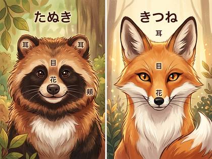 たぬきときつねの顔、耳・目・鼻などの部位が示されたイラスト。