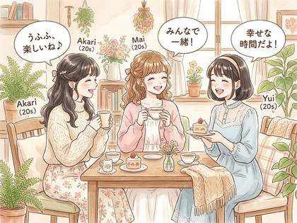 笑顔の20代女性3人がカフェでティータイムを楽しむイラスト。