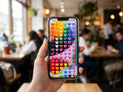 カフェでスマホを手に持つ様子。画面には色とりどりのハートの絵文字が並ぶ。