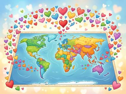 カラフルなハートが舞う、明るく鮮やかな世界地図のイラスト。