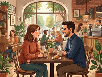 カフェで男女が笑顔で向かい合い、談笑するイラスト。