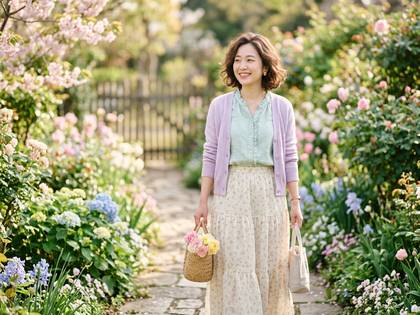 笑顔の女性が花咲く庭園の小道を歩いている。花籠を手に、春の散策を楽しむ様子。