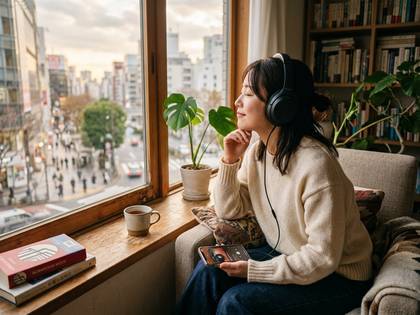 窓辺でヘッドホンをつけ、音楽を聴きながら街を眺める女性。