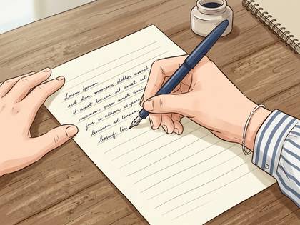 万年筆で紙に文字を書く手のイラスト。