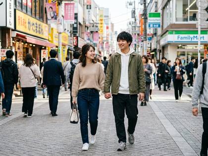 笑顔で手をつなぎ街を歩く若いカップル。