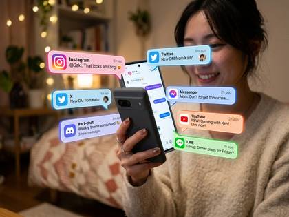 笑顔の女性が複数スマホで通知を確認。SNSやメッセージアプリの通知が浮遊。