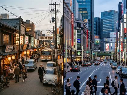 昭和レトロな街並みと現代日本の都市風景の対比写真。