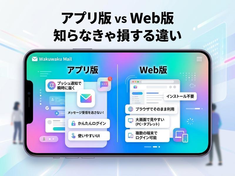 アプリ版とWeb版の主な違いを解説するスマホ画面。