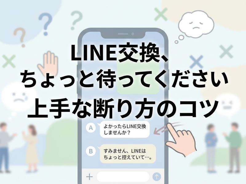 LINE交換の誘いを上手に断るコツを解説する、スマホ画面と人物のイラスト。