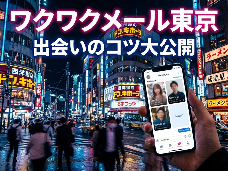夜の東京繁華街で出会い系アプリを使う男性の手。