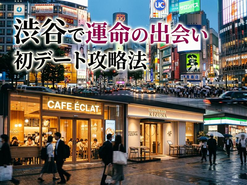 渋谷の夜景と「渋谷で運命の出会い 初デート攻略法」の文字、カフェやレストランの店先。