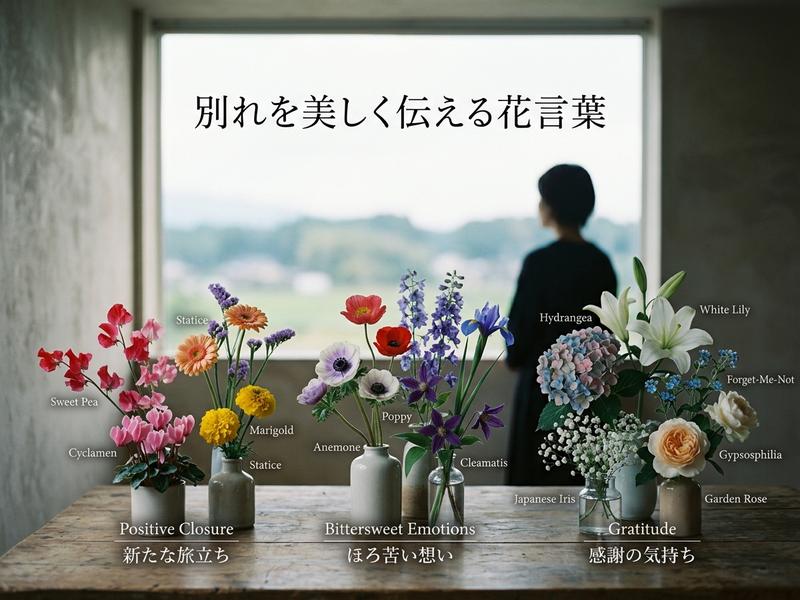 別れを美しく伝える花言葉。窓辺のテーブルに飾られた様々な花々。