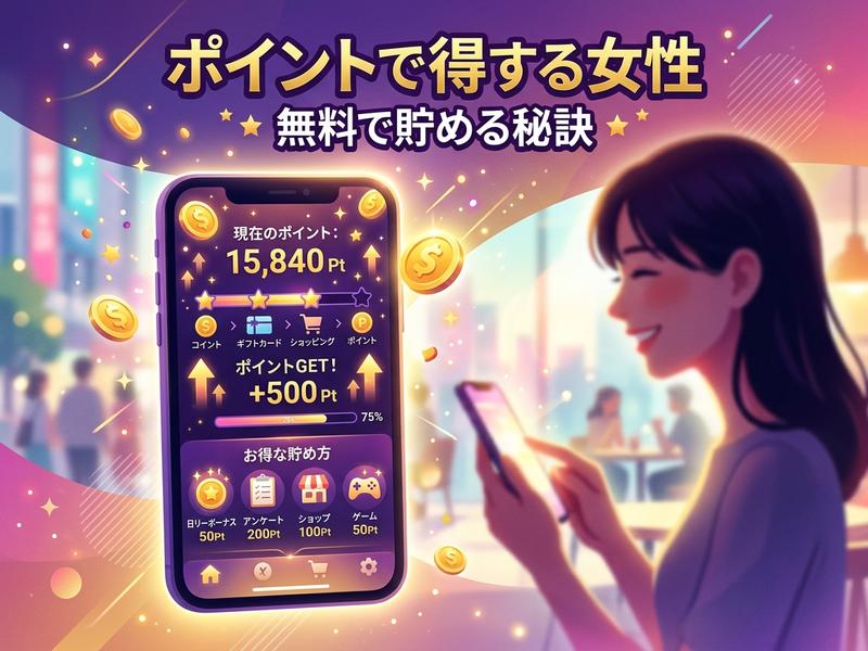 スマホで無料でポイントを貯める女性のイラスト。お得なアプリ画面が表示。