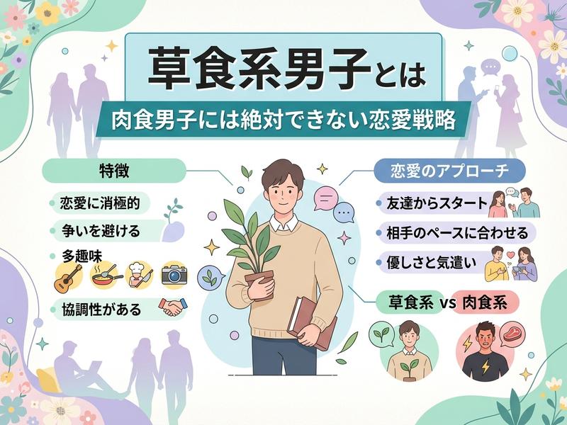 草食系男子の特性と恋愛戦略、肉食系男子との違いを解説するインフォグラフィック。