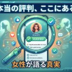 「本当の評判」と「女性が語る真実」の文字。女性プロフィールのスマホ画面を虫眼鏡で見る。