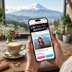 富士山が見えるカフェで、女性がマッチングアプリのプロフィールを見ている。
