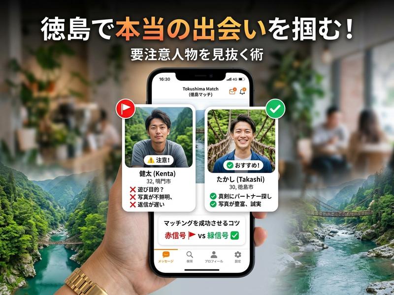 マッチングアプリの画面で、要注意人物とおすすめ人物のプロフィールを比較する様子。