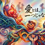 「愛とは、一つじゃない。」の文字と多様な愛の形を描いたカラフルな抽象イラスト。