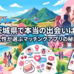 茨城県を背景に、女性が選ぶマッチングアプリの秘訣を紹介するイラスト。