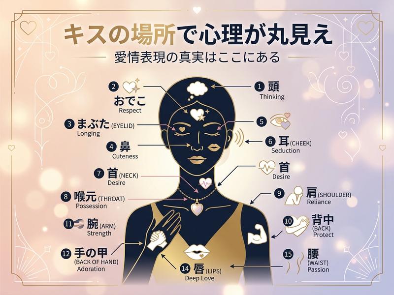 キスの場所ごとの心理的意味と愛情表現の真実を解説する図。