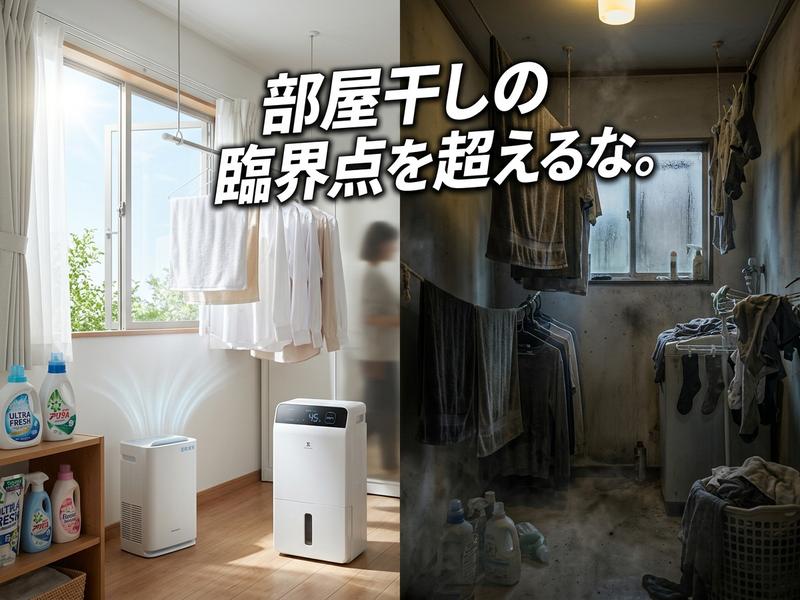 清潔な部屋干しと不衛生な部屋干しの対比。除湿機が快適な空間を作る。