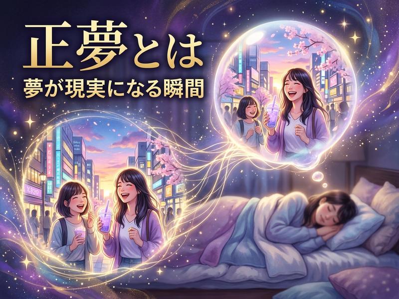 「正夢」がテーマ。眠る女性が、桜の街で友人と笑顔でドリンクを飲む夢を見るイラスト。