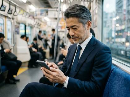 電車内でスマートフォンを操作するスーツ姿のビジネスマン。
