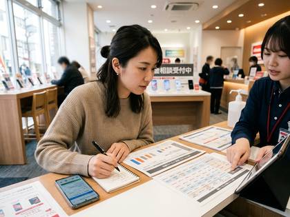 店舗で女性が店員の説明を受け、書類に記入している。