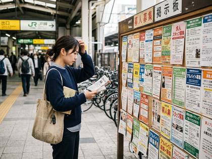 駅の掲示板で求人広告と手元の資料を見る女性。