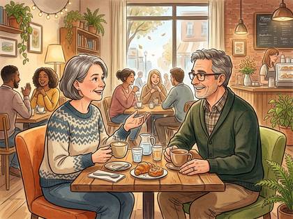 カフェで向かい合って談笑する中年の男女。
