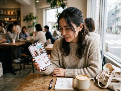 カフェでスマートフォンに表示されたアプリの人物写真を見る女性。