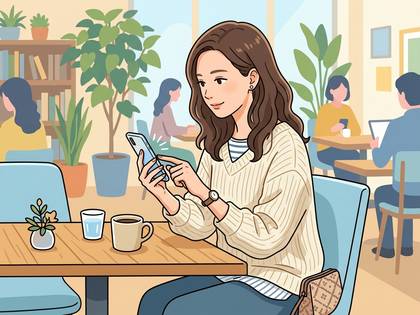 カフェでスマホを操作する女性と、くつろぐ人々。